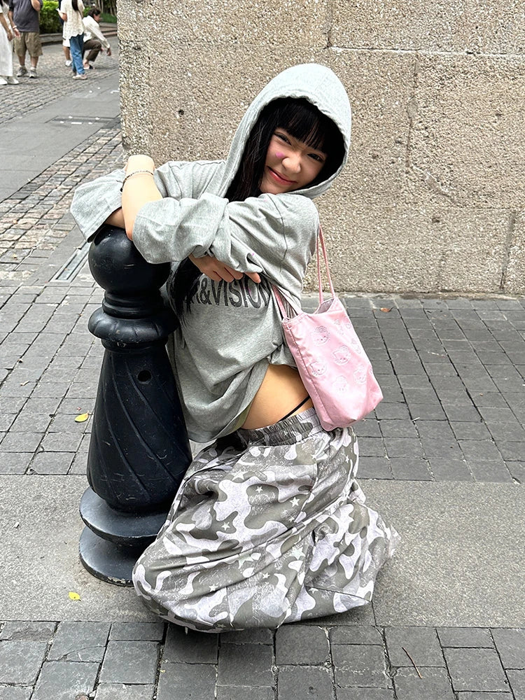 Grey Hooded Long Sleeve Top