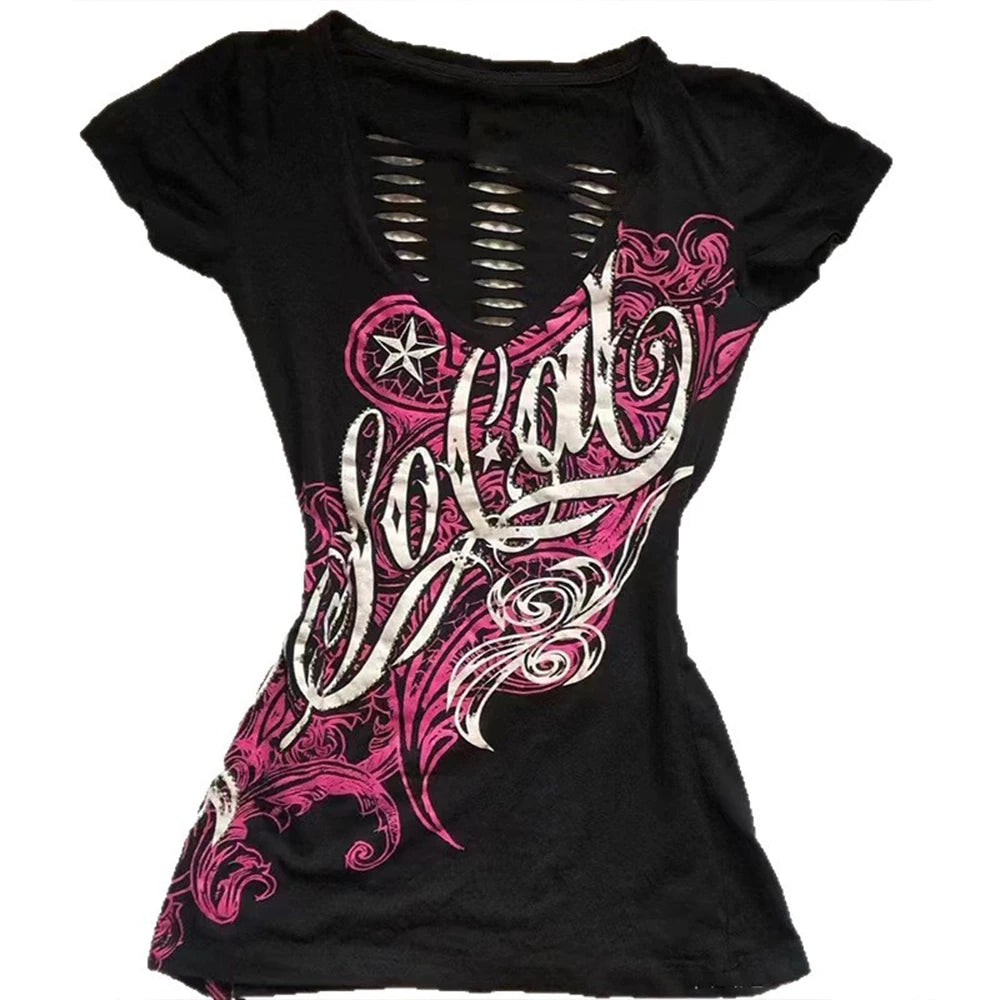 Cross Print Hollow-Out Tee