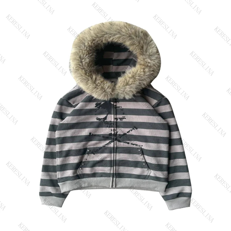 Faux Fur Collar Zip Jacket