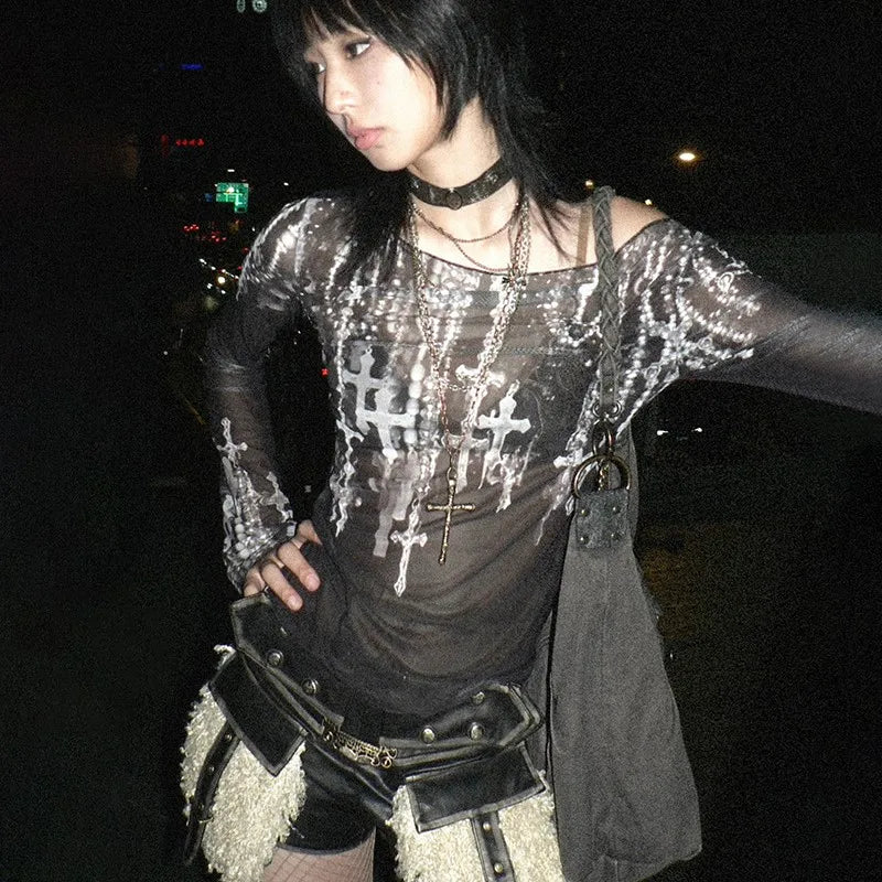 Mesh Tattoo Print Top