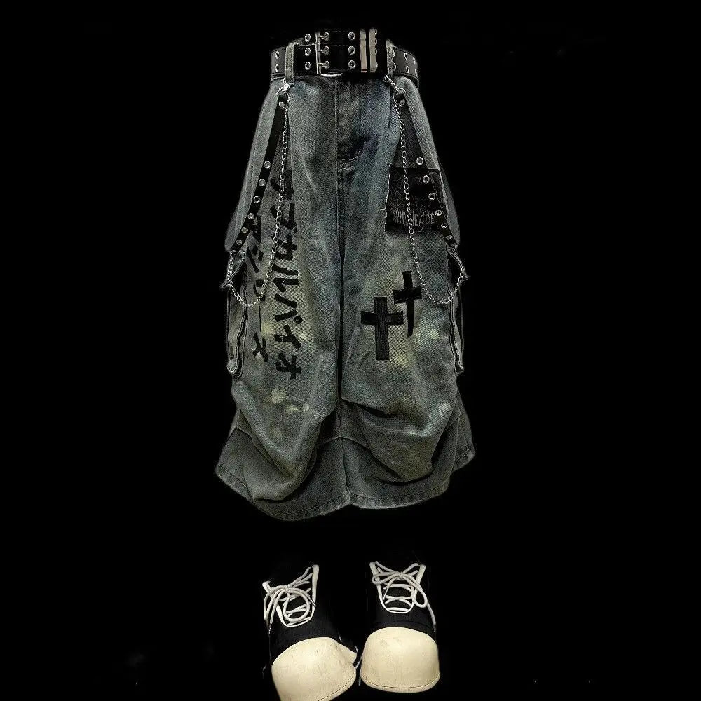 Cross Print Denim Jorts