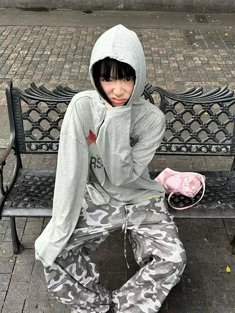 Grey Hooded Long Sleeve Top
