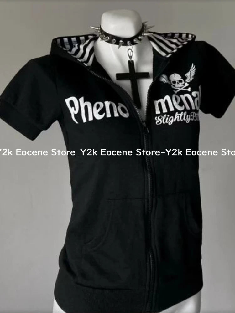 Y2K Skull Print Zip-Up Hoodie