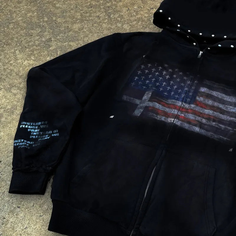 Flag Print Zip-Up Jacket