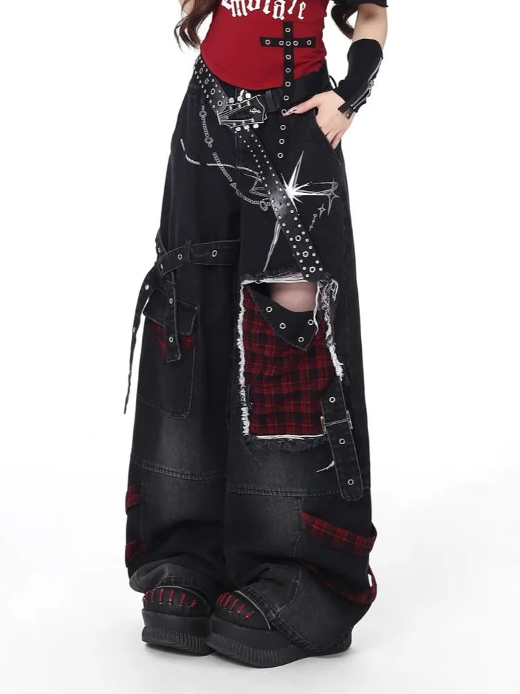 Plaid Patchwork Wide-Leg Pants