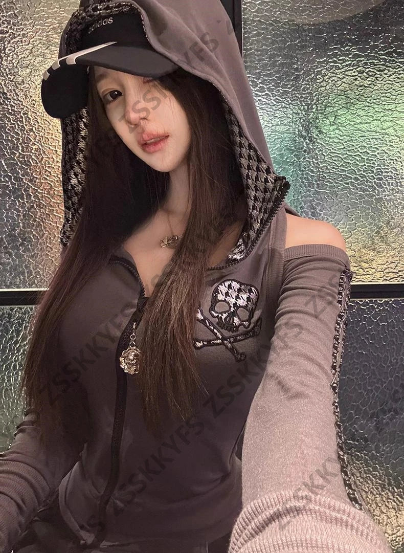 Skull Print Zip-Up Hoodie
