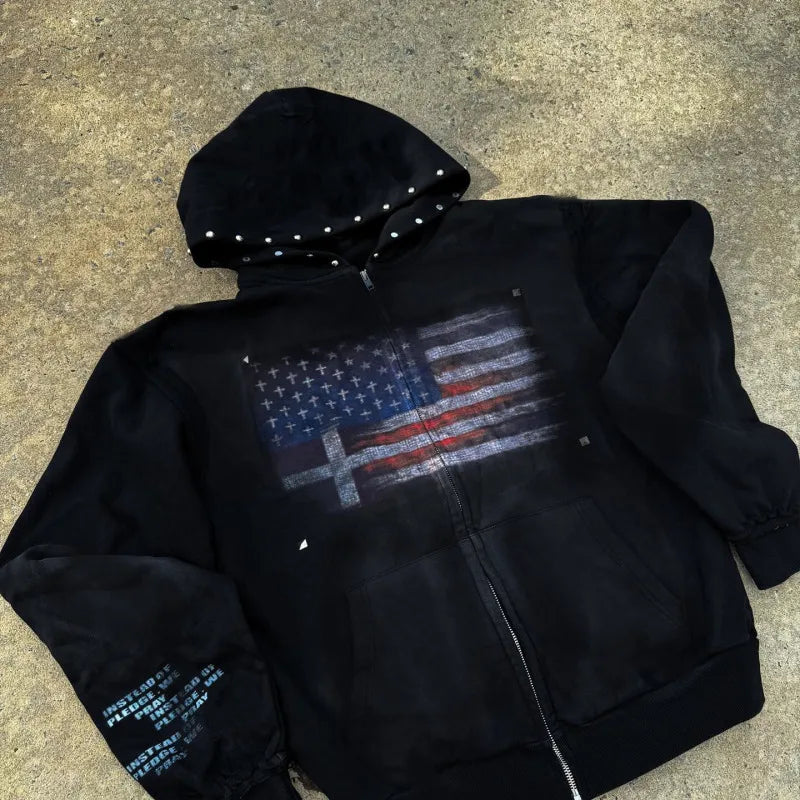 Flag Print Zip-Up Jacket