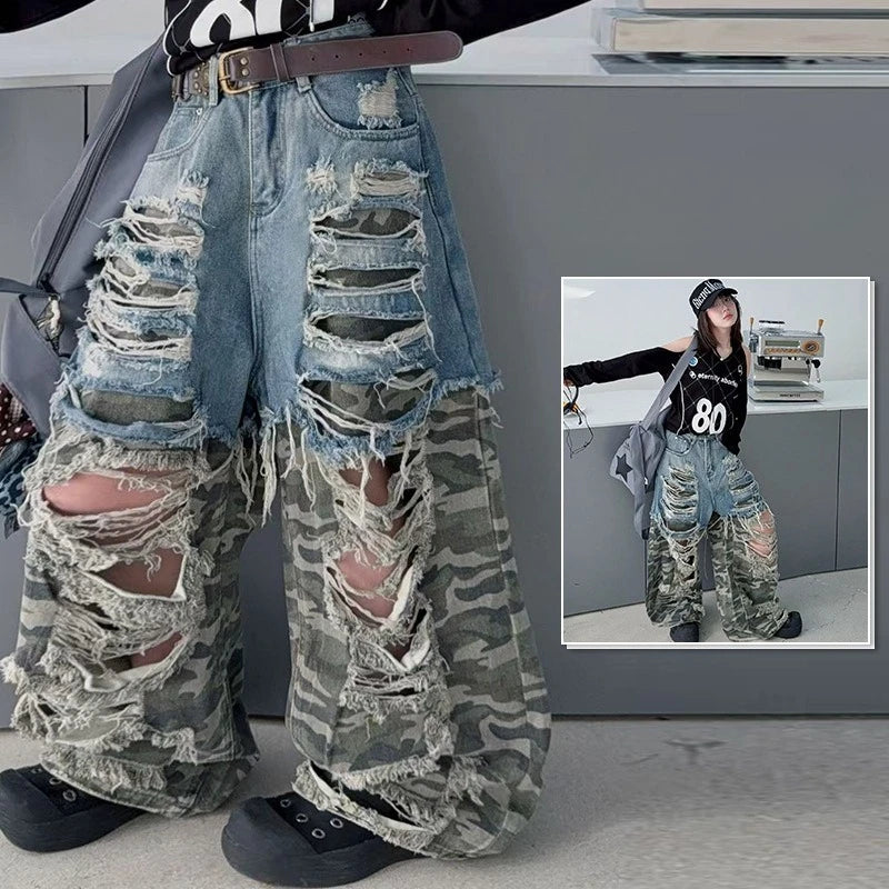 Camo Ripped Wide-Leg Jeans