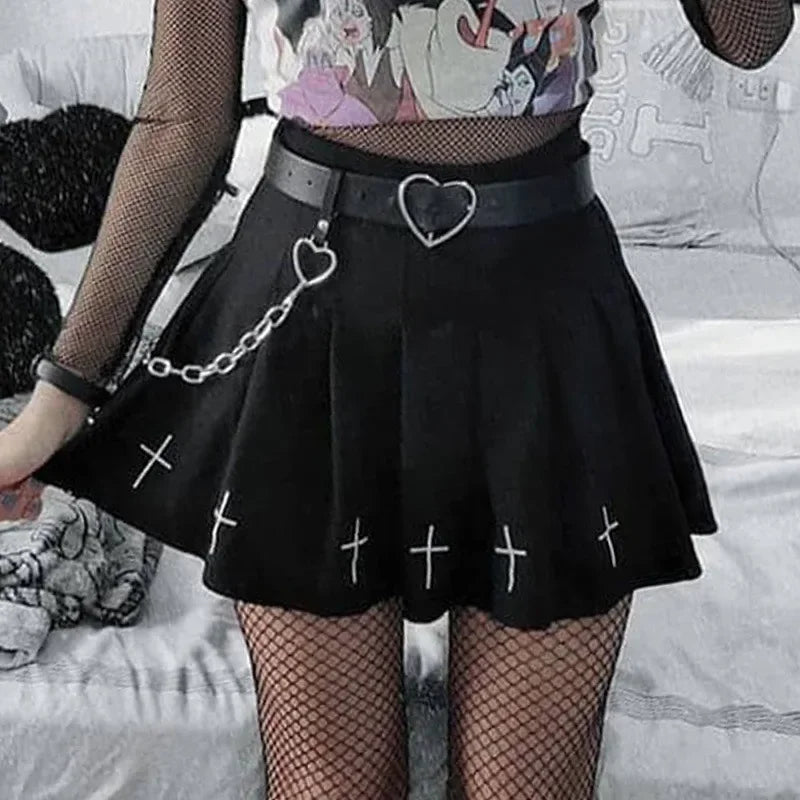 Cross Print Pleated Mini Skirt