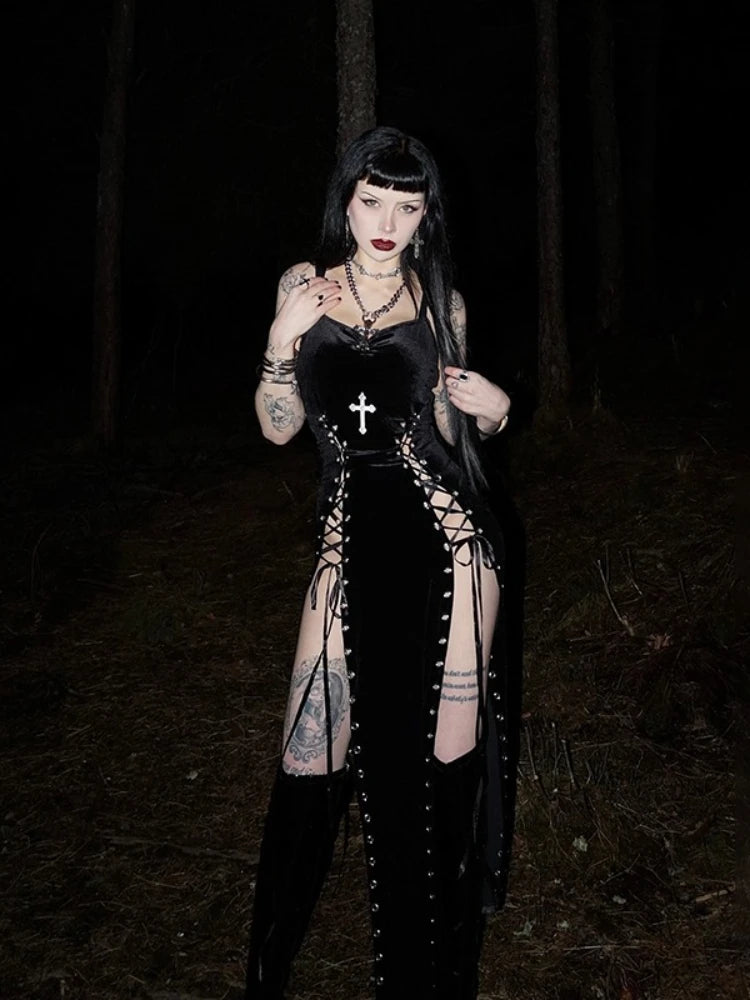 Velvet Lace-Up Maxi Dress
