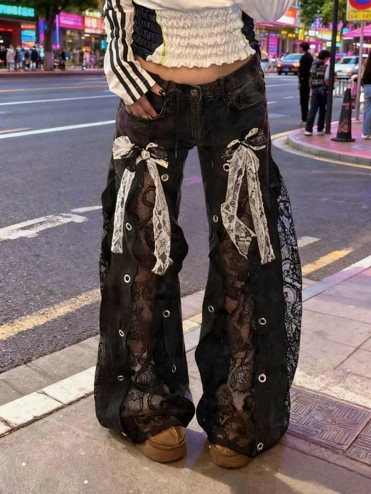 Lace Patchwork Wide-Leg Pants
