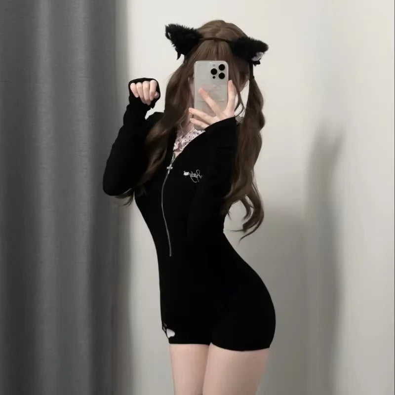 Ear Detail Black Jumpsuit