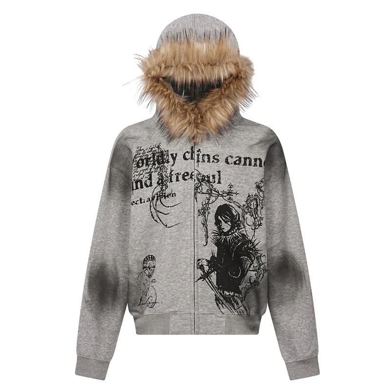 Faux Fur Collar Zip Jacket