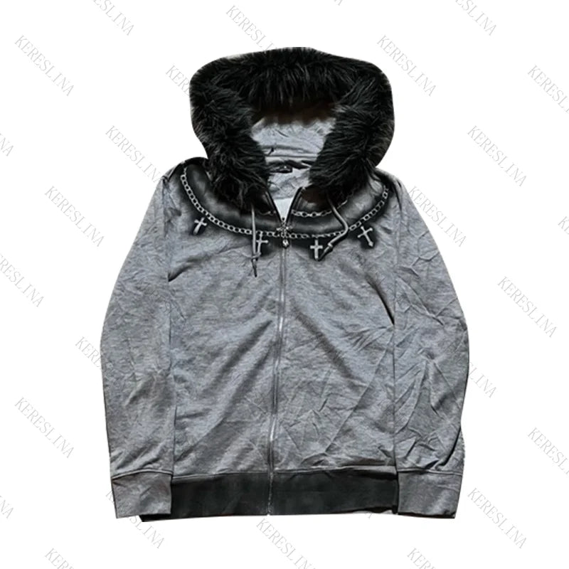 Faux Fur Collar Zip Jacket