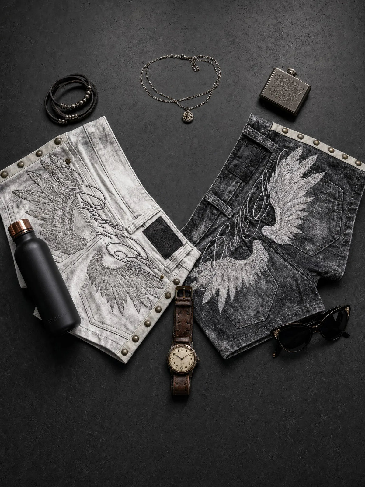 Wing Embroidered Denim Shorts
