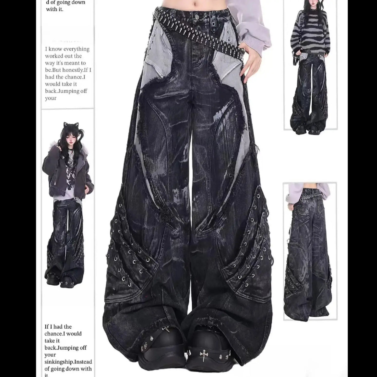 Washed Patchwork Wide-Leg Jeans