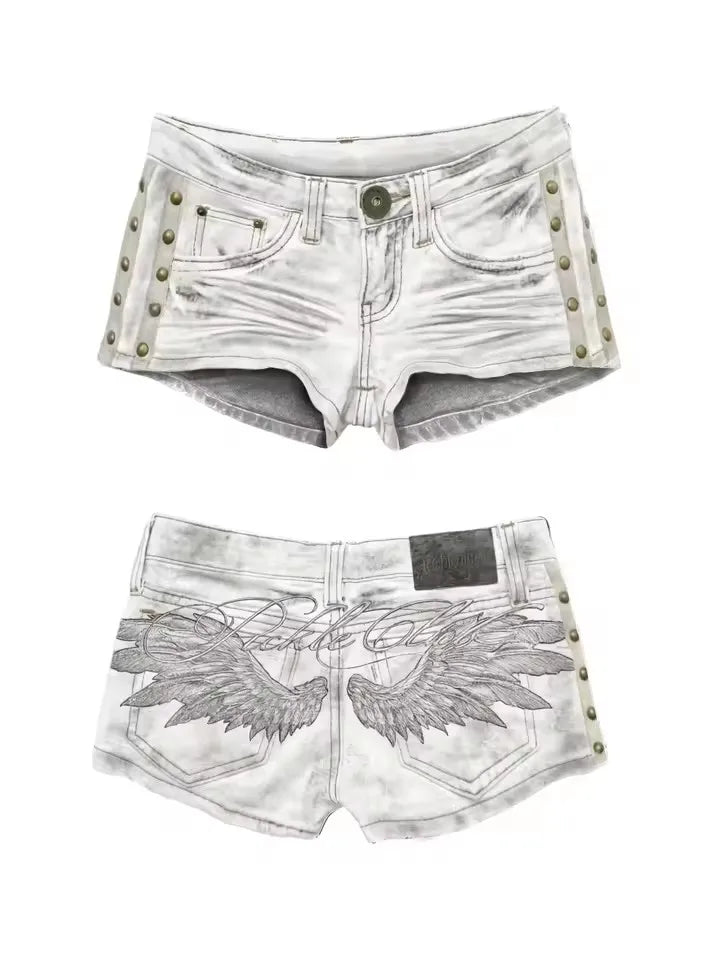 Wing Embroidered Denim Shorts