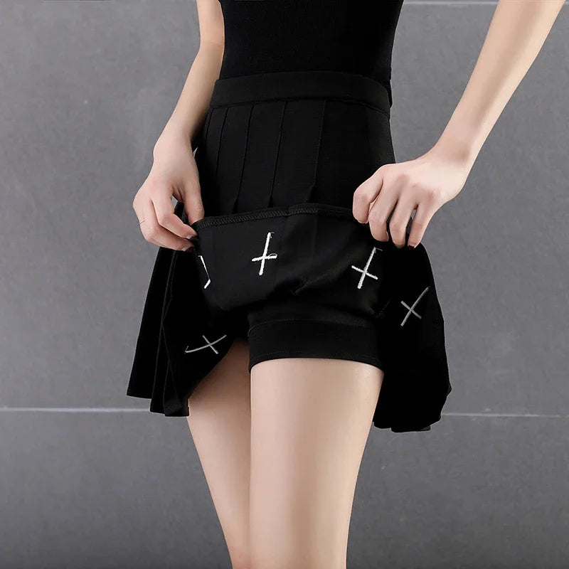Cross Print Pleated Mini Skirt