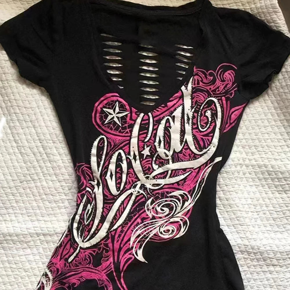 Cross Print Hollow-Out Tee