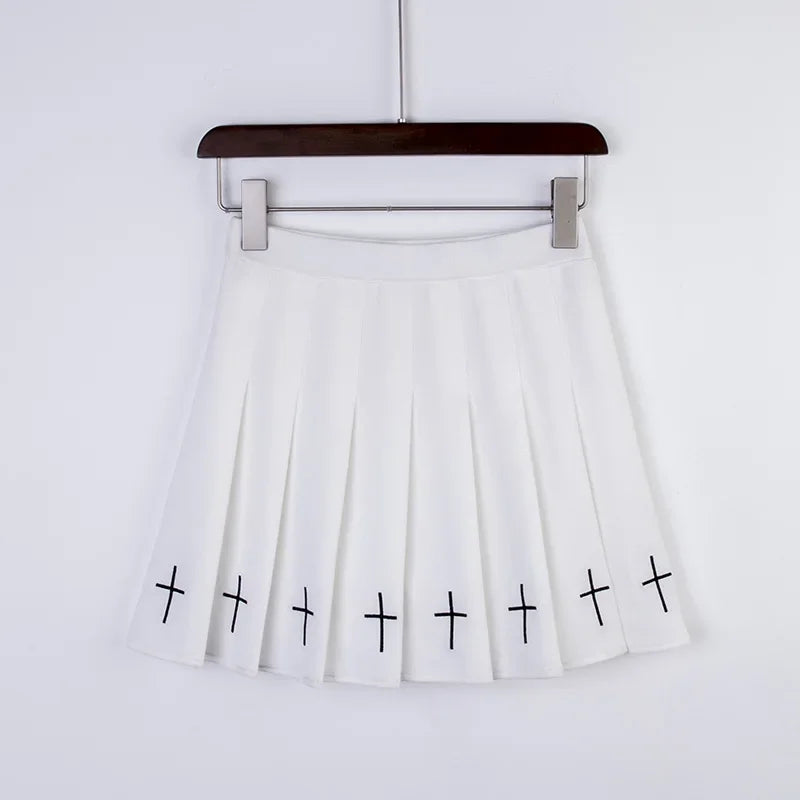 Cross Print Pleated Mini Skirt