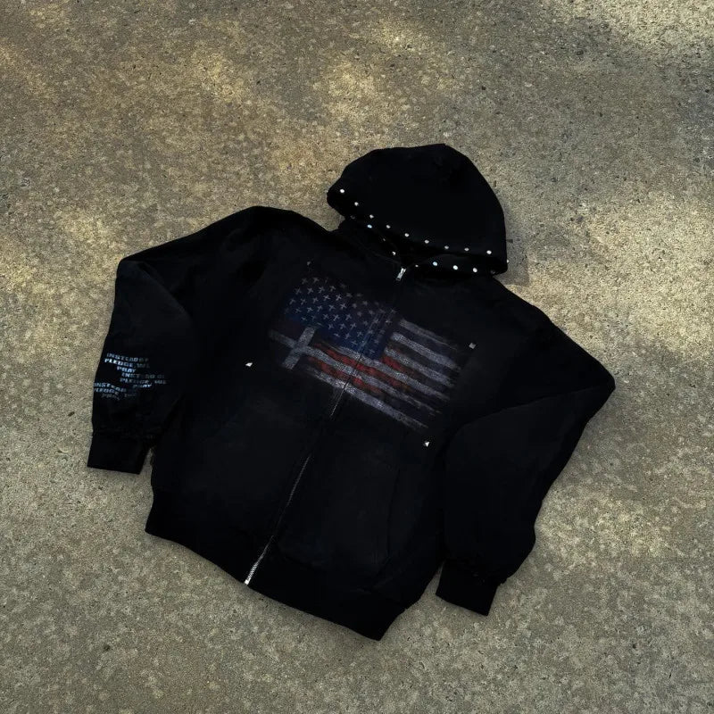 Flag Print Zip-Up Jacket