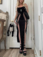 Velvet Lace-Up Maxi Dress