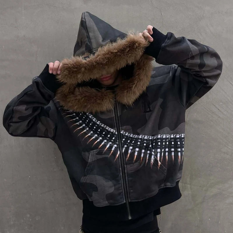 Faux Fur Collar Zip Jacket