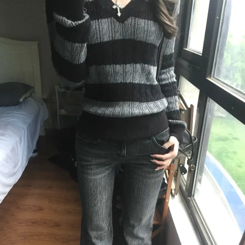 Striped V-Neck Knit Sweater