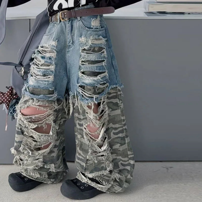 Camo Ripped Wide-Leg Jeans