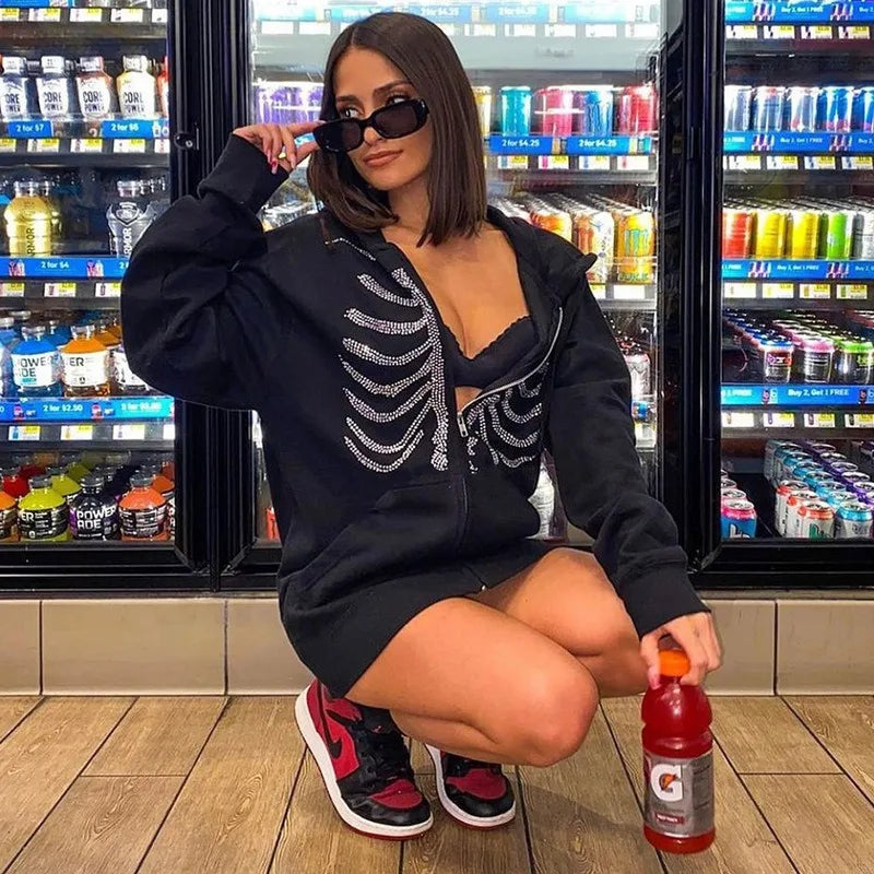 Skeleton Print Zip-Up Hoodie