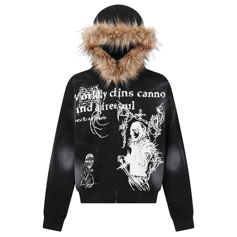 Faux Fur Collar Zip Jacket