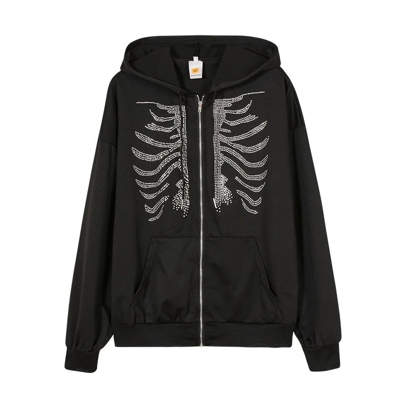 Skeleton Print Zip-Up Hoodie