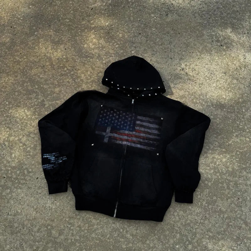 Flag Print Zip-Up Jacket