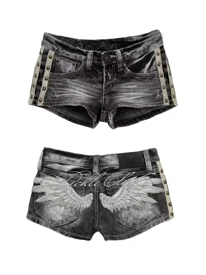 Wing Embroidered Denim Shorts